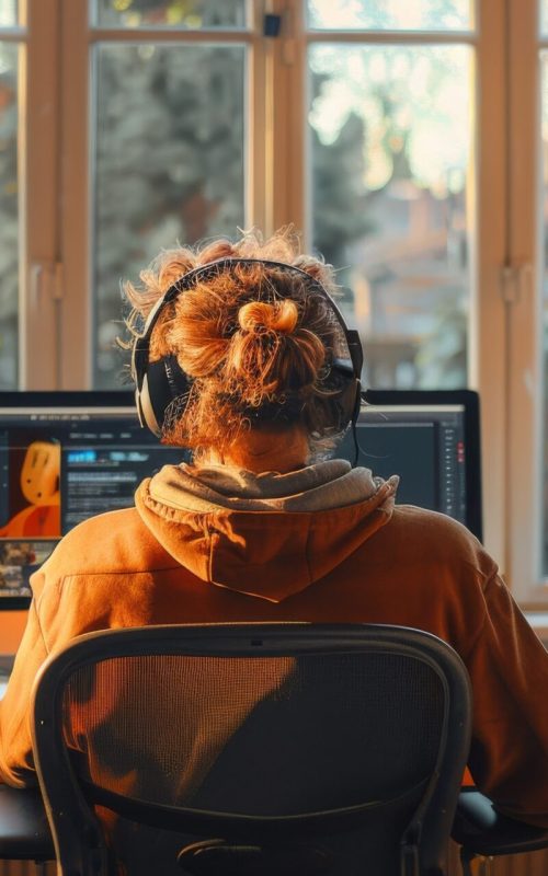 An individual, wearing headphones, is seated at a table facing a computer. There are features such as a window, plant, desk, and chair in the room